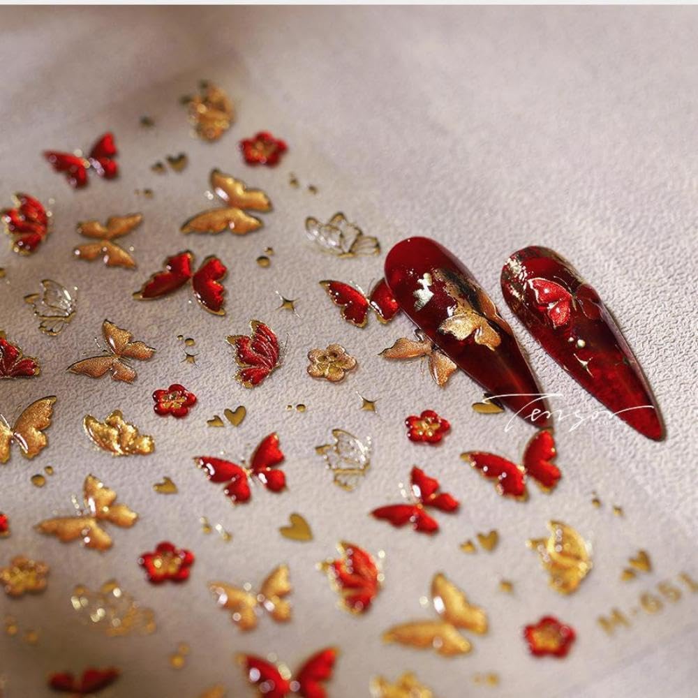 Butterfly Nail Art Stickers Red Golden Nail Decals Self Adhesive 5D Embossed Nail Sticker for Nail Art Spring Design for Women Girls Supplies Nail Art Decorations Accessories