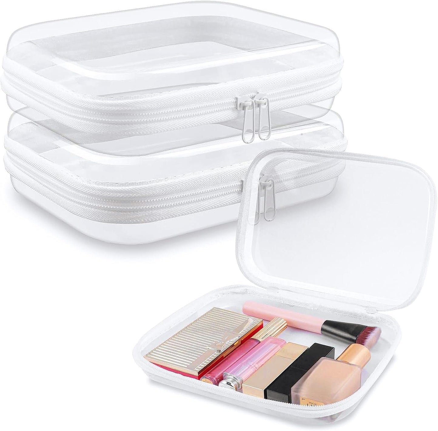 Clear Hard Shell Zipper Case 3 PCS Clear Cosmetic Make up Bag Waterproof Travel Toiletry Bag for Women, Hard Plastic Zipper Pouches Portable Travel Storage Organizer Bins (White, 14"x12"x2")