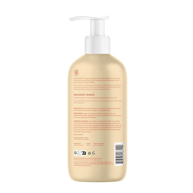 ATTITUDE 2-in-1 Shampoo and Body Wash for Baby, EWG Verified, Dermatologically Tested, Vegan, Pear Nectar, 16 Fl Oz