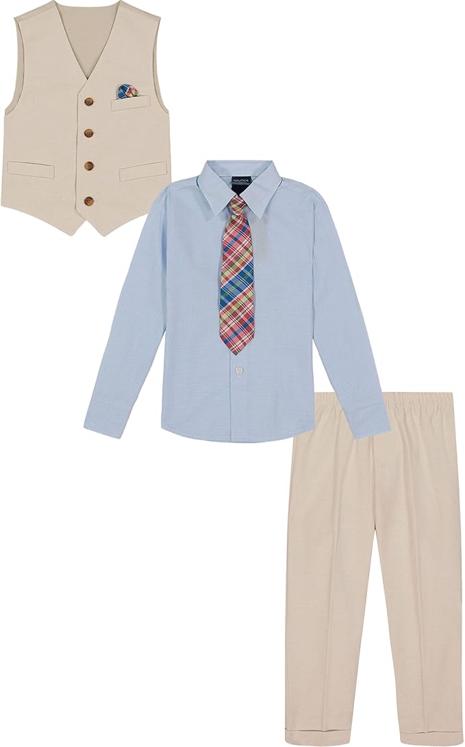 Nautica Boys' 4-Piece Formal Suit Set with Vest, Pants, Collared Dress Shirt, and Tie