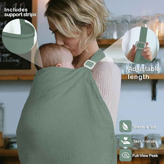 Muslin Nursing Covers for Breastfeeding, Arch Neckline Breast Feeding Covers for Women, Moms Privacy Breathable Summer Nursing, Enlarged XL Size Soft Feeding Cover (Roman Green)