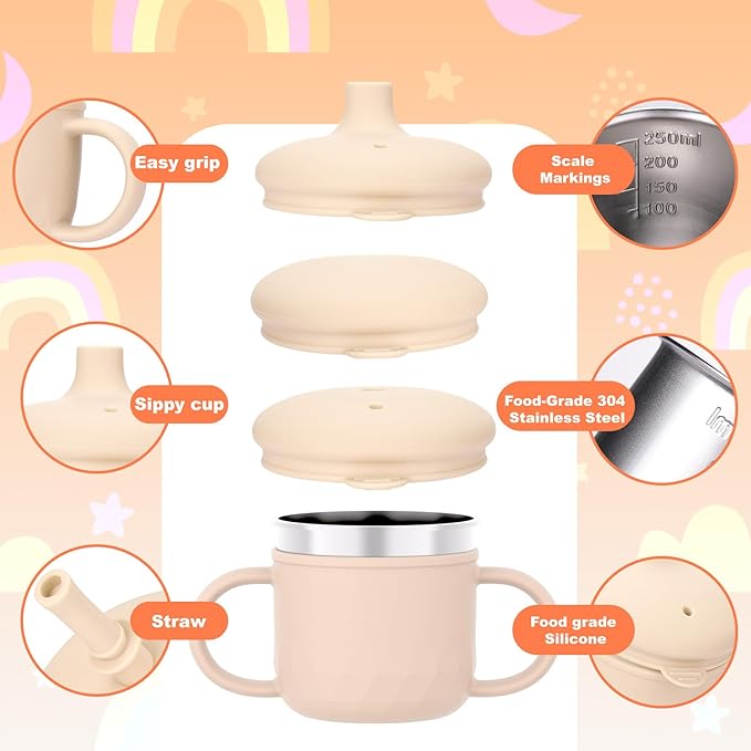 BUSOHA Stainless Steel Sippy Cups - 3 IN 1 Silicone Sippy Cup for Toddlers Baby Straw Cup with Brush Kids Cups with Lid and Silicon Straw Anti-Drop Spill Proof Cups for Travel,8 oz, Beige