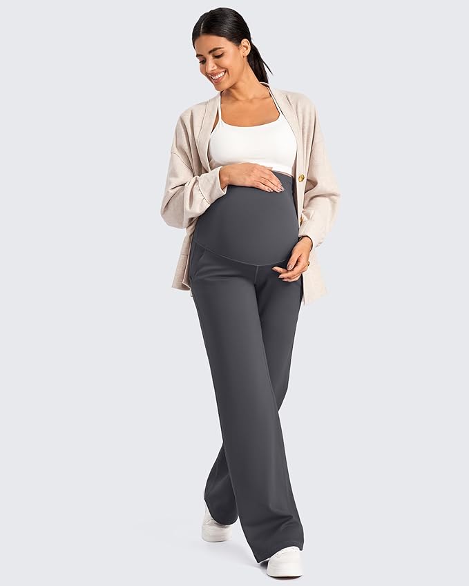 G4Free Fleece Lined Maternity Yoga Pants Over The Belly Stretchy Wide Leg Warm Pregnancy Work Trousers with Pockets