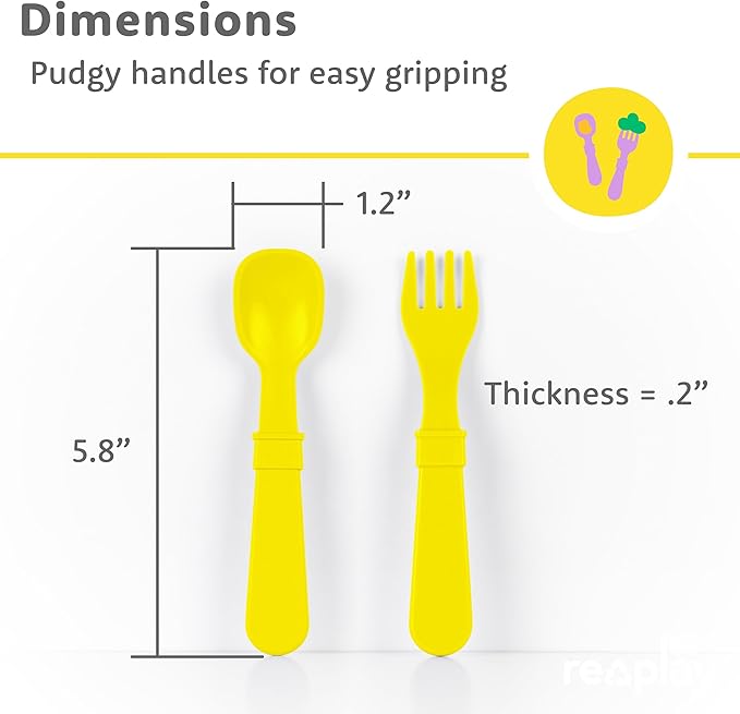 Re-Play Toddler Forks and Spoons Set - 4x4 Utensils Set for Kids - Dishwasher and Microwave Safe - Made in USA - Set of 8-5.8" x 1.2" x 0.2" - Citrus