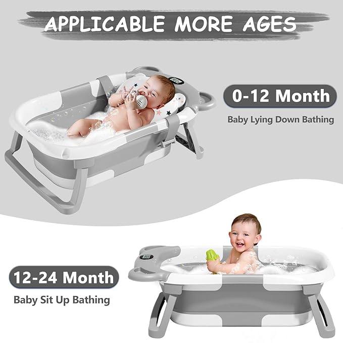 MoreFeel Collapsible Baby Bathtub for Newborn with Thermometer & 1 Hooded Towel & 1 Soft Floating Cushion,Portable Travel Bathtub with Drain Hole, Durable Foldable Baby Tubs for Infants to Toddler