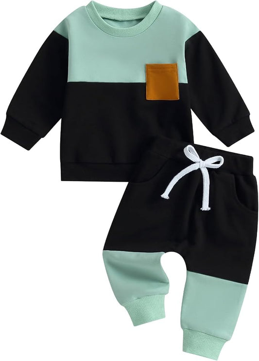 Kupretty Toddler Baby Boy Fall Winter Clothes Color Block Long Sleeve Sweatshirt Pullover Tops + Joggers Pants Outfit Set