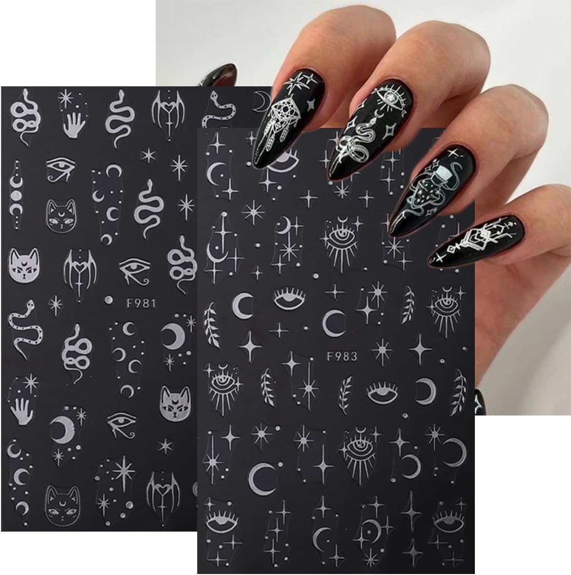 Silver Star Sun Nail Art Sticker Decals 3D Moon Nail Stickers 8 Sheets Self-Adhesive Sun Moon Star Nail Charm Design Nail Art Supplies Snake Eyes Nail Decals for Women Acrylic Nails Salon Decorations