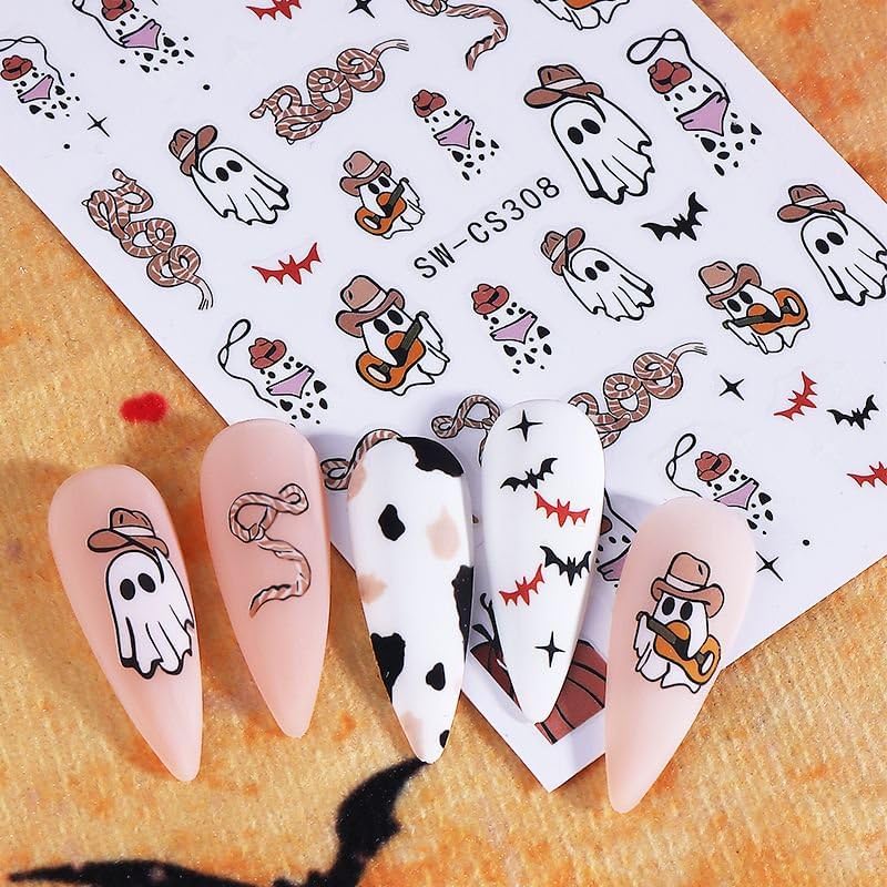 Halloween Nails Stickers Black Bat Nails Sticker 3D Embossed Pink Bats Self Adhesive Sticker Nail Decals Cute White Ghost Nail Art Decals Halloween Decals for Nail DIY Manicure 4Sheet