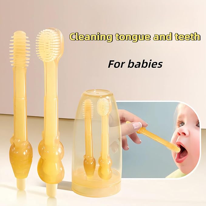 Baby Tooth Brush, Infant Toothbrush 6 to 12 Months and0-6 Months,Silicone Toothbrush, Newborn Tongue and Mouth Cleaner Set, Good Idea for Baby First Toothbrushes(Pink)
