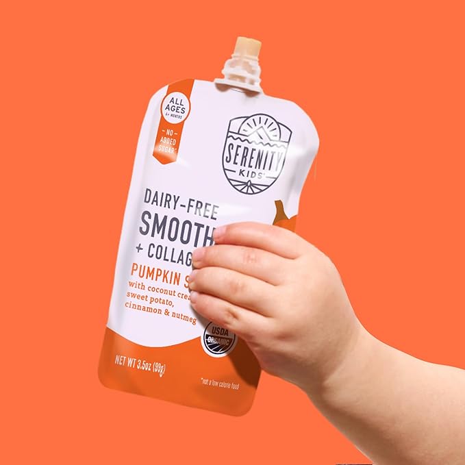 Serenity Kids 6+ Months Pumpkin Smoothie Baby Pouch Food - Dairy-Free USDA Organic - Grass-Fed Collagen & Protein - 3.5 Oz, 6 Pack