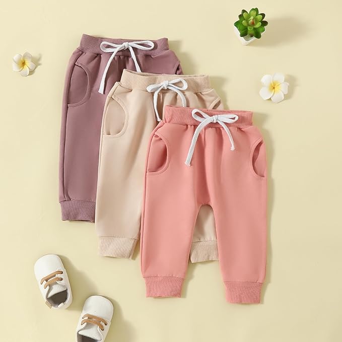 Sejardin Toddler Baby Boy Girl Pants 3 Pack Solid Color Elastic Waist Jogger Sweatpants Newborn Infant Casual Bottoms