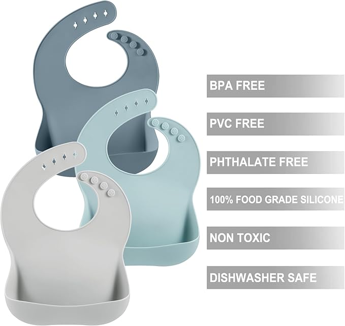 PandaEar 3 Pack Silicone Bibs for Boys Girls for Babies & Toddlers, Waterproof Feeding Bib with Large Food Catcher, BPA Free