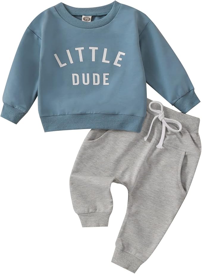 Toddler Baby Boy Clothes Solid Color Long Sleeve Crewneck Sweatshirt Top Casual Pants Set 2Pcs Fall Winter Outfits