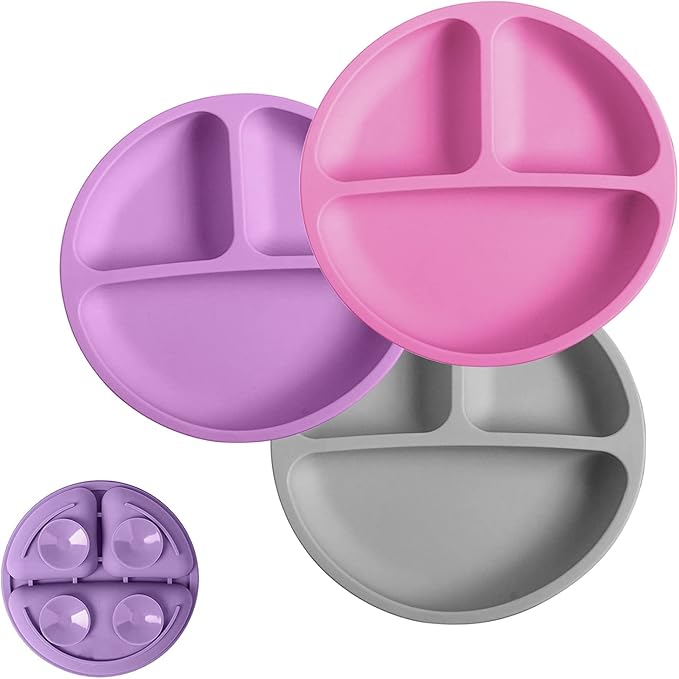 Silikong Suction Plate for Toddlers | BPA Free, 100% Food-Grade Silicone | Microwave, Dishwasher and Oven Safe | Stay Put Divided Baby Feeding Plates (3, Pink/Purple/Grey)