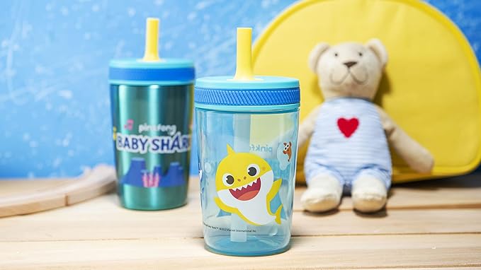 Zak Designs Baby Shark Kelso Tumbler Set, Leak-Proof Screw-On Lid with Straw, Bundle for Kids Includes Plastic and Stainless Steel Cups with Bonus Sipper (3pc Set, Non-BPA) (Pack of 12)