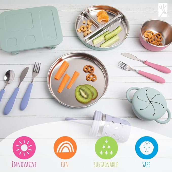 Elk and Friends Stainless Steel Bowls with Silicone Sleeve for Babies & Toddlers | Lids Included | Stay Put Suction | Cereal & Snack Bowls | 4 Pack