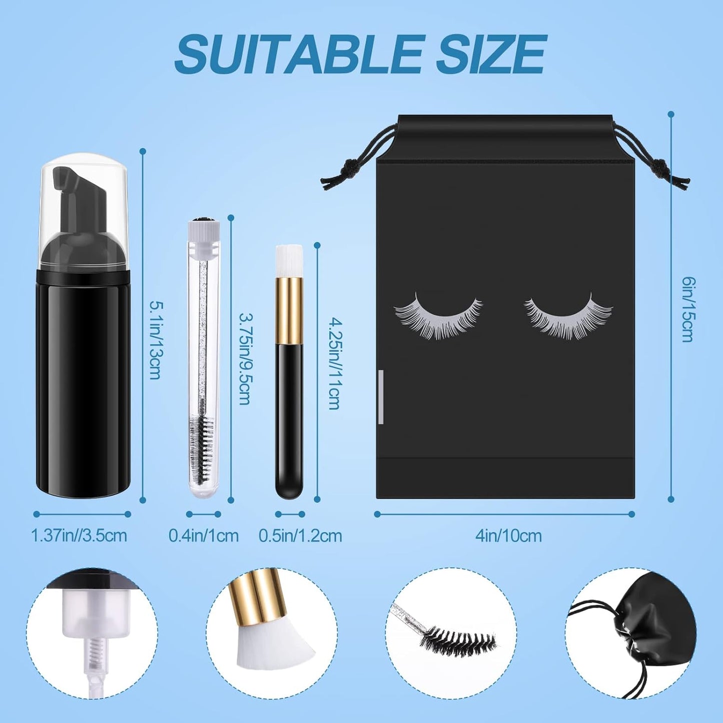 Homicozy 40 Pcs Lash Shampoo Bottle Brushes & Dispensers Set - 10 Pcs Lash Brushes, Tubes & Aftercare Bag for Clients, Women, Girls (Black)