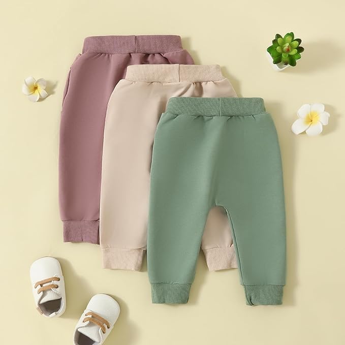 Sejardin Toddler Baby Boy Girl Pants 3 Pack Solid Color Elastic Waist Jogger Sweatpants Newborn Infant Casual Bottoms