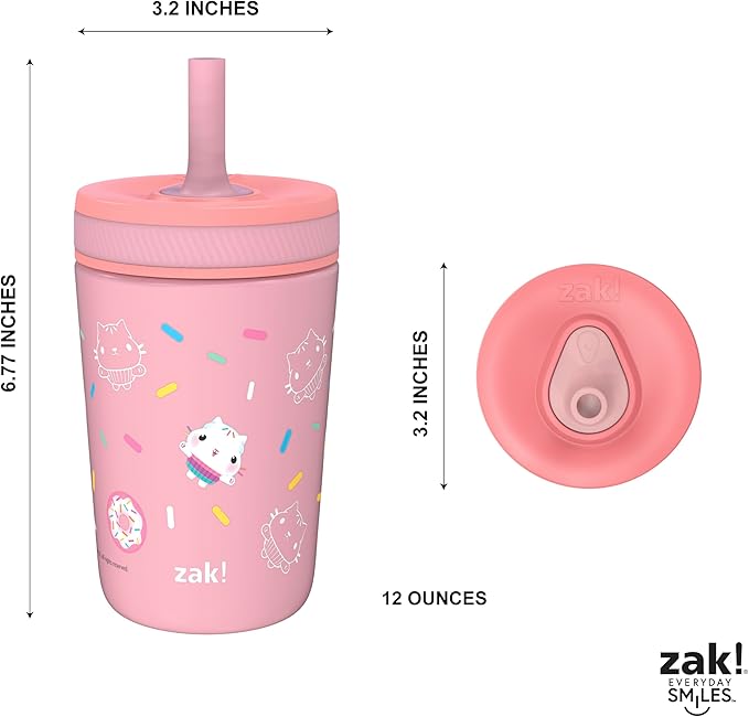 Zak Designs DreamWorks Gabby's Dollhouse Kelso Toddler Cups For Travel or At Home, 12oz Vacuum Insulated Stainless Steel Sippy Cup With Leak-Proof Design is Perfect For Kids (Cakey Cat)