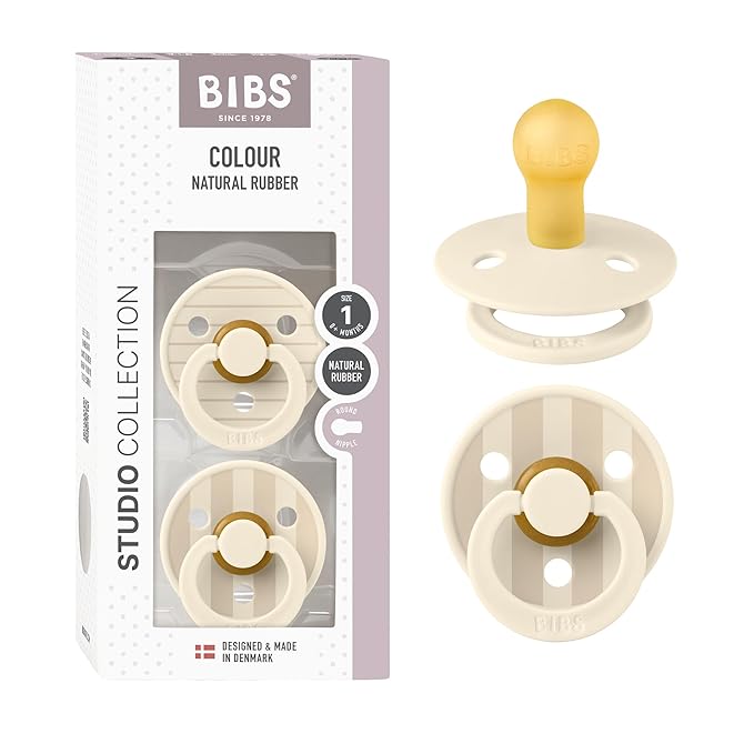 BIBS Pacifiers - Studio 2 Pack | Round Nipple Baby Pacifier | BPA Free Natural Rubber Latex Soother | Made in Denmark | Size 0+ Months | Pin Ivory Vanilla