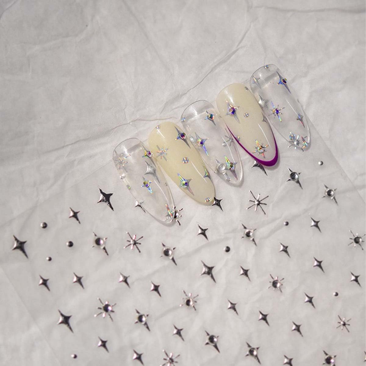 Silver Star Nail Decals 5D Embossed Self-Adhesive Nail Stickers Stars Nail Art Stickers Shiny Rhinestones Nail Design Star Sticker for Nails DIY Decorations Nail Decals Women Manicure 1Sheet