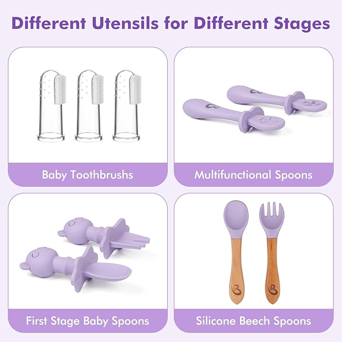 Silicone Baby Feeding Set Essentials,13 Pcs,Baby Led Weaning Supplies, Baby Spoons Suction Bowl Divided Plate Bib Cup Finger Brush,First Stage Solid Food Eating Utensils - 6 Months + (Purple)
