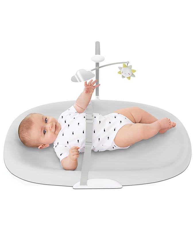 Skip Hop Baby Changing Pad Nursery Style Wipe-Clean Contoured with Cushioned Foam, Non-Skid Base, Built-in Safety Belt & Tuck-Away Toy Bar, Grey