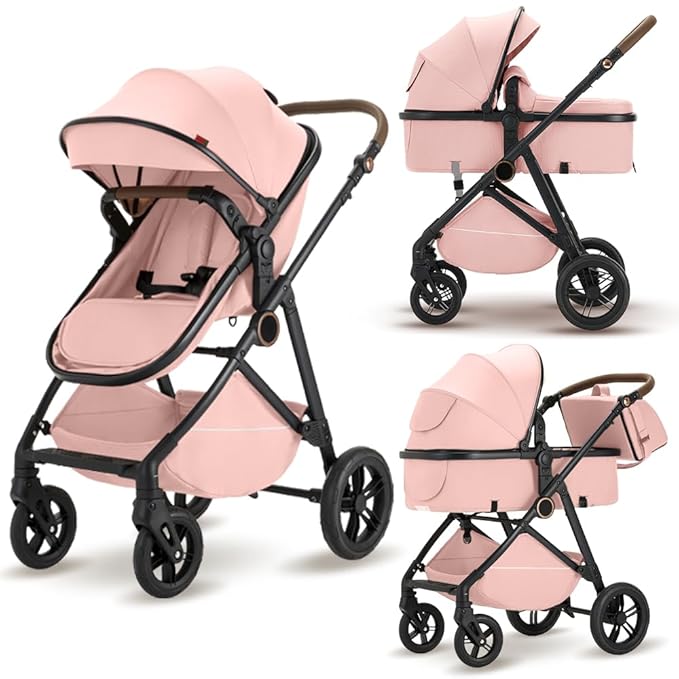 2 in 1 Baby Stroller, High Landscape Infant Stroller Pram Foldable Pushchair with Adjustable Canopy, Storage Basket,5-Point Harness,Mom Bags (Pink)