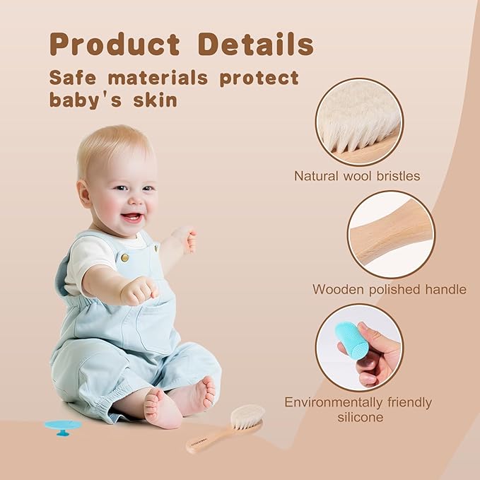Baby Hair Brush and Cradle Cap Brush Set Goat Hair Bristles Brush 2 Pieces Silicone Cradle Cap Brushes Wood Handle Newborn Brush Kit for Newborns and Toddlers 3 Packs