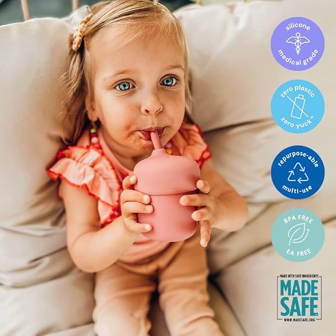 Pura my-my Silicone Straw Cup| Spill Proof, Reusable, Food Grade Silicone, Plastic-Free | For Kids, Toddlers, Babies & Infants - 2 Pack Rose & Moss