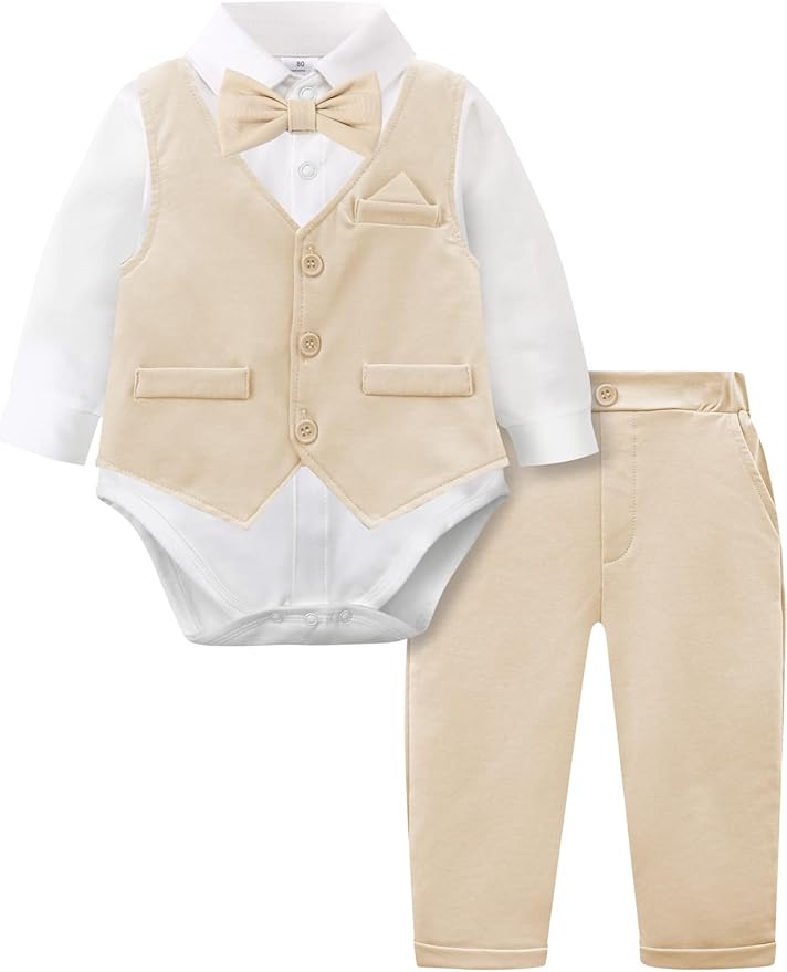 A&J DESIGN Baby Boy Suits Clothes Infant Toddler Formal Gentleman Outfits, Dress Shirt + Vest + Bow Tie + Pants Wedding Set