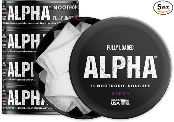 Fully Loaded Alpha Nootropic Pouches (Berry) - 5 Cans - 15 Pouches per can - Effective Nootropic Delivery, Nic Pouch Replacement - Faster Absorption, Alpha GPC, L-Tyrosine, GABA