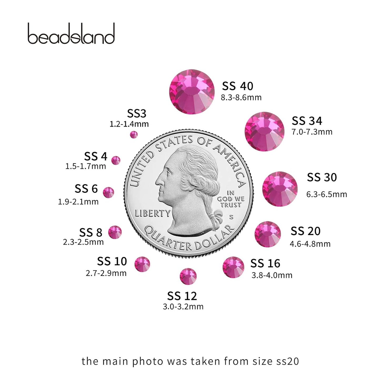 Beadsland 288pcs Flat Back Crystal Rhinestones Round Gems for Nail Art and Craft Glue Fix, Fuchsia, SS34,7.1-7.3mm