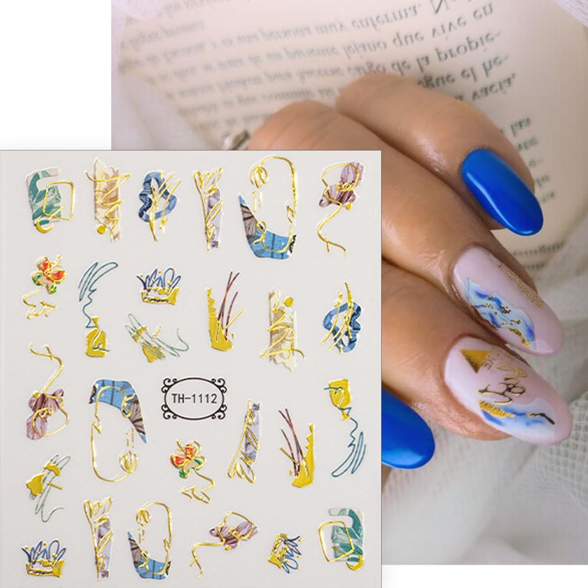 6 Sheets Marble Nail Stickers French Nail Art Stickers Decals 3D Self-Adhesive Design Bronzing Gold Nail Decals Blue Purple Brown Geometric Lines Abstract Nails Tip Decoration for Women Girls