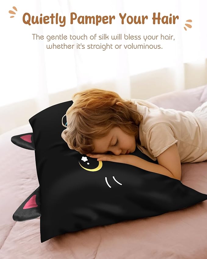 Toddler Pillowcases 13"x18" for Kids - Cute Cartoon Soft Breathable Silk Pillow Cases for Hair and Skin with Hidden Zipper for Girls Fun Kawaii Design for Bedding, Black Cat