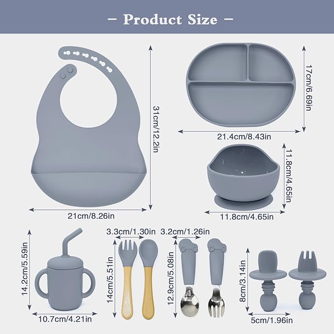 Silicone Baby Feeding Set - 10PCS Suction Baby Bowl and Divided Toddler Plates Adjustable Bib Cup Spoons Forks -Baby Led Weaning Supplies, Baby Utensils Eating Essential Set for 6+ Months