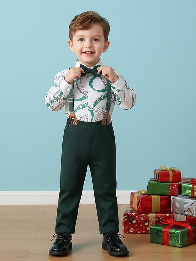 Boarnseorl Baby Boys Pants Sets,Toddler Gentleman Outfits, Infant Long Sleeve Shirt + Pants + Bow Tie + Suspenders
