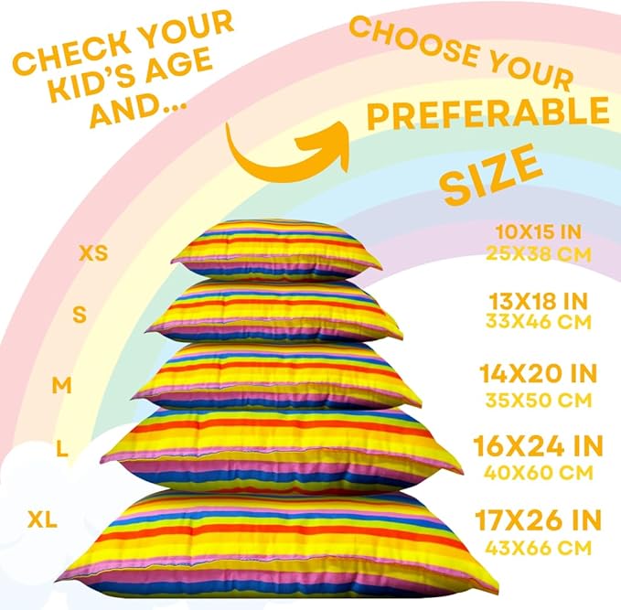 kinder Fluff Children Pillow (2Pk) 14x20in – Junior Pillows for Kids Age 4+, Bright Rainbow Design, 100% Cotton Sateen Stripe 300T, Down Alternative Fill, Machine Washable, Colourful Kids Cushion - M
