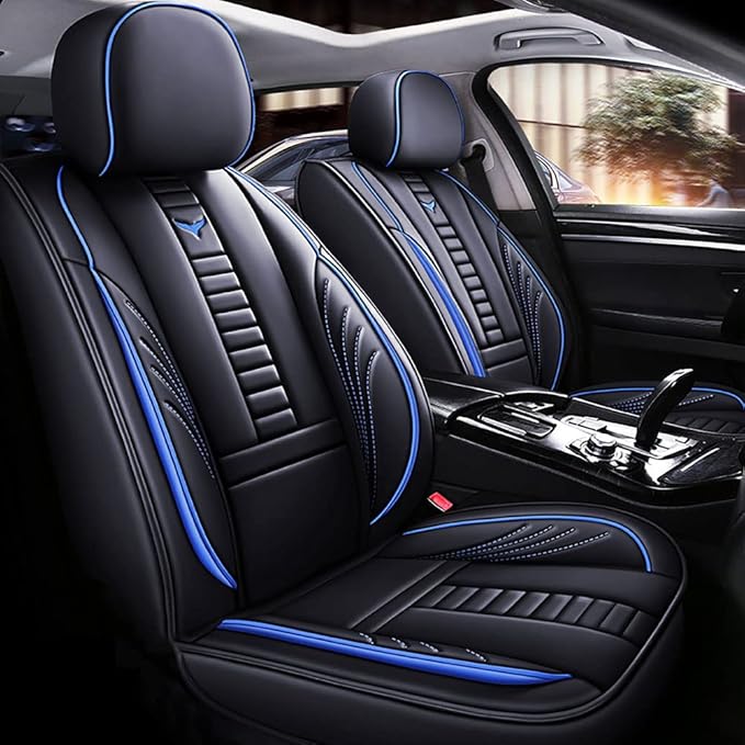 Waterproof 5 Car Seat Covers for Suzuki 1999-2025 95% Models, Premium Faux Leather Automotive Front and Back Seat Protectors Compatible with Airbag Black & Blue Line