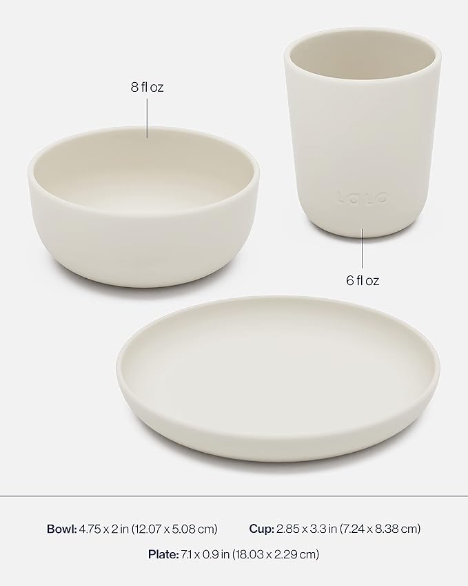 Lalo Big Bites Kids Dinnerware Starter Set - Dishwasher Safe, BPA Free, Kids Tableware Set - Includes Stackable Bowl, Plate, Utensils & Cup - 5 Pieces - Oatmeal