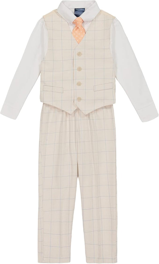 Nautica Boys' 4-Piece Formal Suit Set with Vest, Pants, Collared Dress Shirt, and Tie