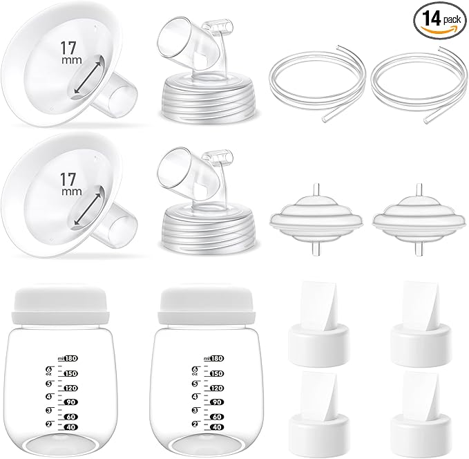 Full Breast Pump Parts with 17mm Oval Soft Rim Flanges and Wide-Mouth Base Connector for Spectra S2 S1 9 Plus SG, Medela, Lansinoh Pumps, Include Flange, Valve, Backflow Protector, Tubing and Bottle