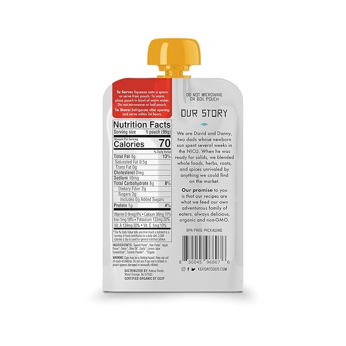 Kekoa Foods Squash & Kale with Turmeric Baby Food Purée | 100% USDA Certified-Organic Vegetarian | Organic, Non-GMO, Gluten-Free, Vegan | Flavorful & Nutritious First Food for Babies | 3.5 oz 36 Pack