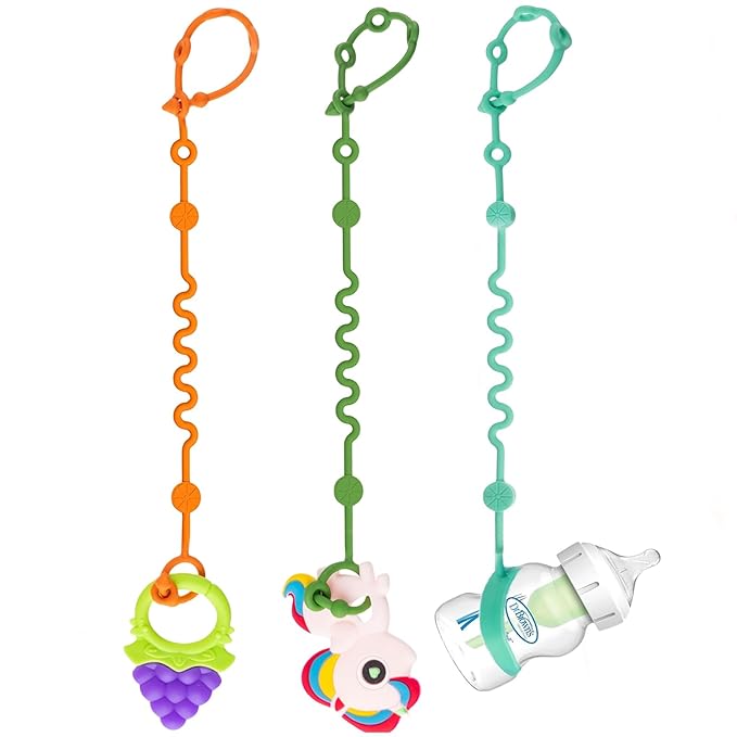 Toy Straps for Baby, Adjustable Toy Holder for Stroller Accessories, Silicone Tether Pacifier Clip, No Throw Travel Essential Leash for High Chair, Car Seat (3- Pack)