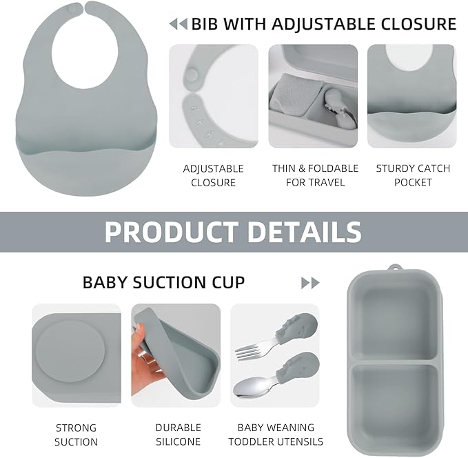 Travel Silicone Baby Feeding Set with 316 Stainless Steel Spoon & Fork,Silicone Suction Plates, Foldable Bib, Storage Bag - Portable Infant Toddler Utensils, 6-Piece BPA-Free Dishware Kit（gray）