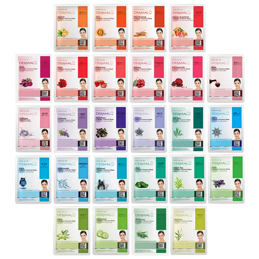 DERMAL 26 Combo Pack Collagen Essence Korean Face Mask (Red & Green) - Hydrating & Soothing Facial Mask with Panthenol - Hypoallergenic Sheet Mask for All Skin Types - Natural Home Spa Treatment Mask