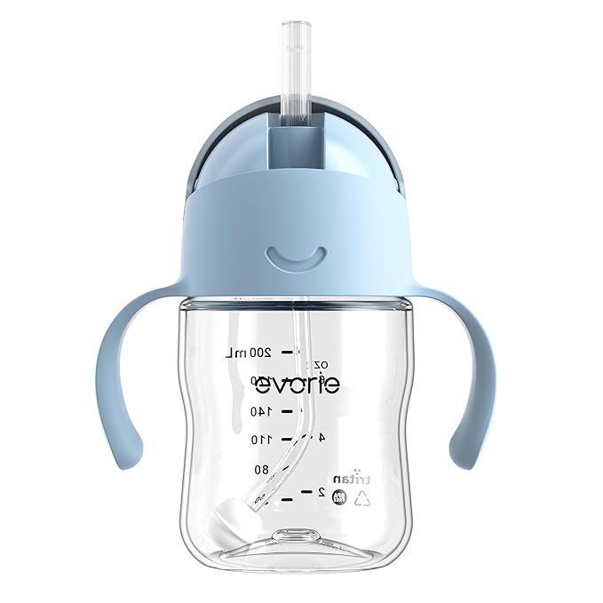 Evorie Tritan Weighted Straw Sippy Cup with Handles for Baby and Toddlers, Spill Proof Baby Water Bottle with Straw for 6 months and up, 7 Oz, Infant Training Water Bottle (Blue)
