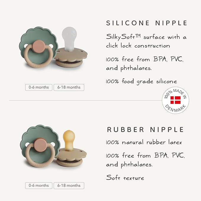 FRIGG Daisy Natural Rubber Baby Pacifier | Made in Denmark | BPA-Free (Poppy/Lupine, Size 2) 2-Pack