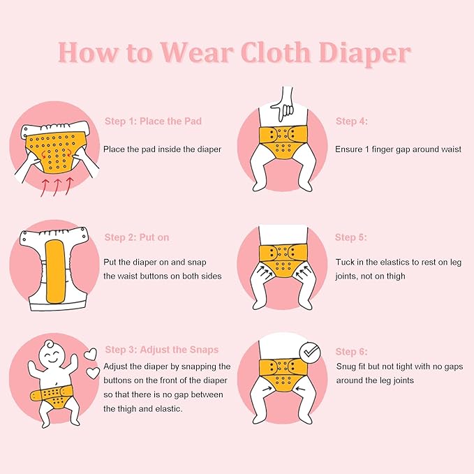 babygoal Baby Girl Cloth Diapers 6 Pack with 6pcs Inserts and Wet Bag, Reusable Waterproof Diaper Covers for Toddlers with Snap Closure