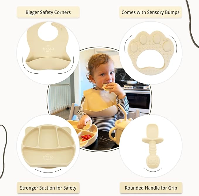 JEVASO Silicone Baby Feeding Set, Baby Led Weaning Supplies, Baby Self Feeding Essentials Suction Bowl Divided Plate Baby Bibs Spoons Forks Sippy Cup Teether, Toddler Eating Utensils for 6+ Months